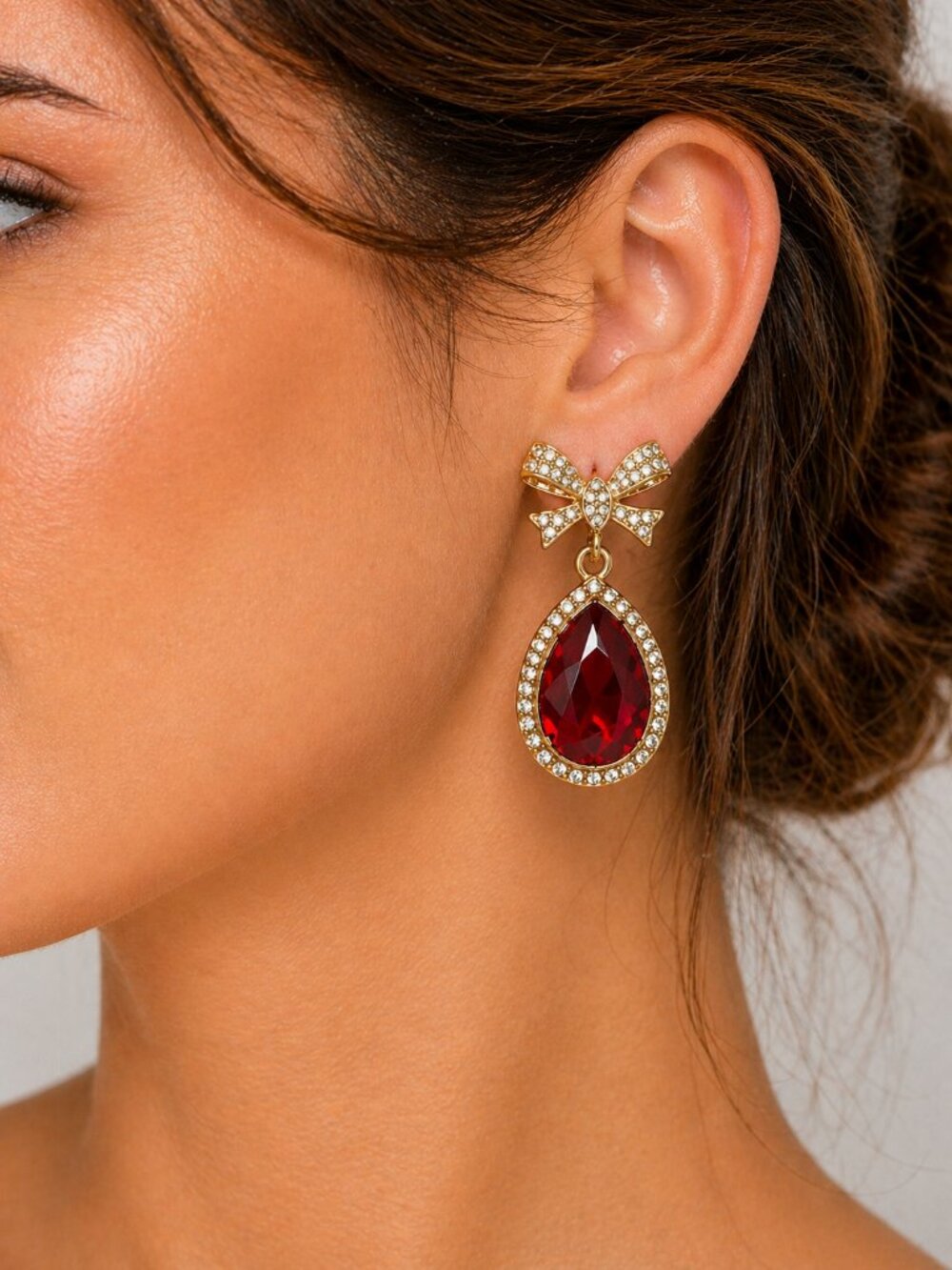 Gold Bow Rhinestone Drop Earrings Red Teardrop Statement NWT
